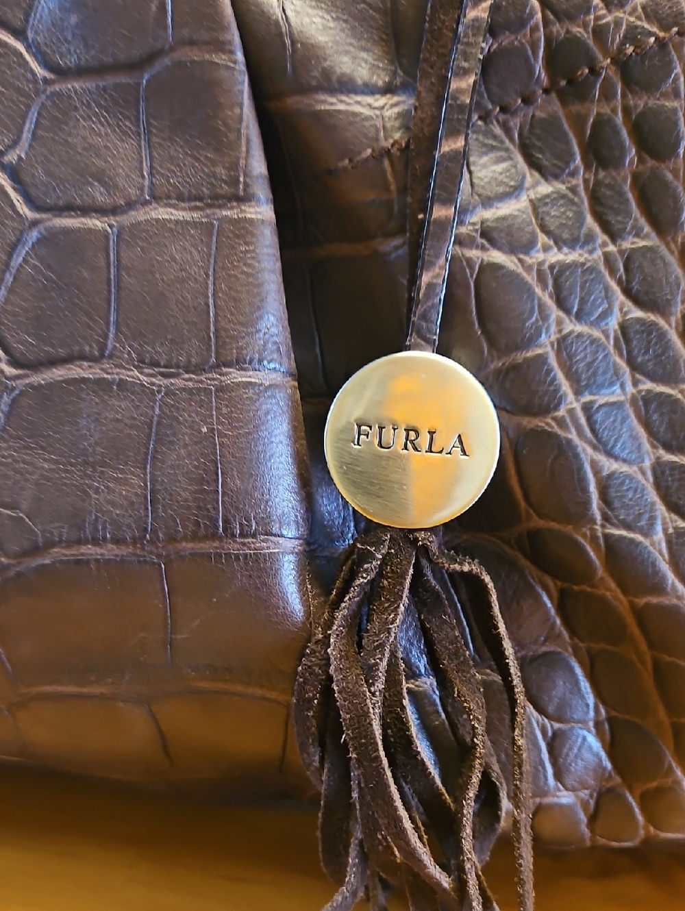 Furla Dark Brown Croc-Embossed Leather Tote with Gold Medallion